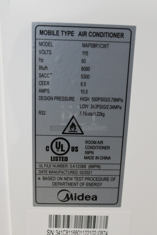 BRAND NEW SCRATCH AND DENT! Midea MAP08R1CWT 8,000 BTU Portable Air Conditioner. 115 Volts, 1 Phase. Tested and Working! - Image 4 of 4