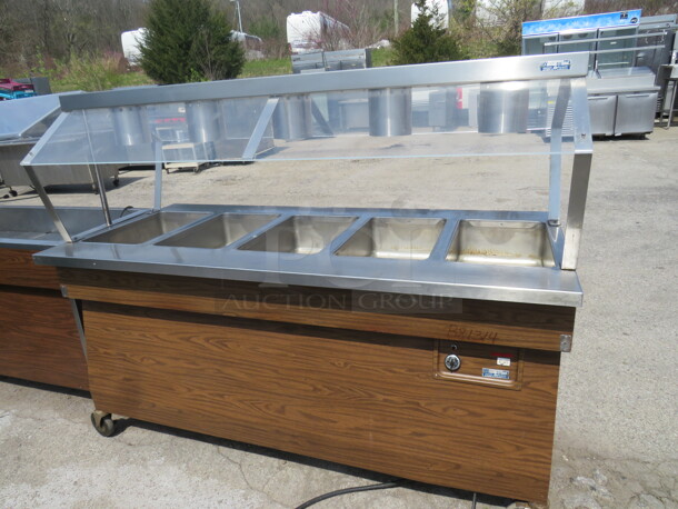 One WORKING Seconomy 5 Well Steam Table With Sneeze Guards, And Lights, On Casters. Model# 3753. 120 Volt. 72X33X58