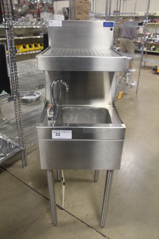 NEW! Glastender Model SWB-18-DB Commercial Stainless Steel Underbar Wet Waste Sink With Faucet. 18x24x54.