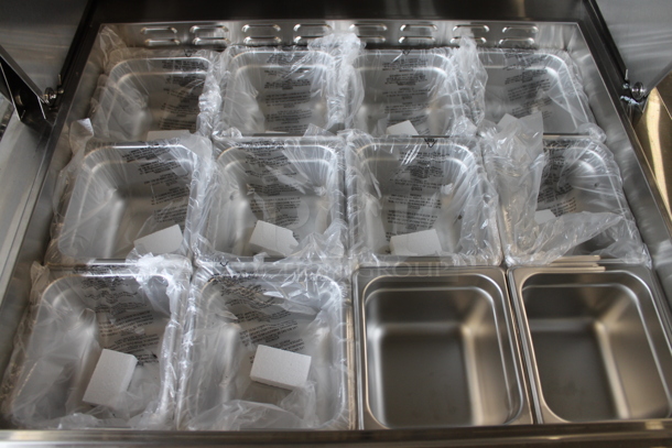 BRAND NEW! 2022 Atosa MSF8307GR Stainless Steel Commercial Sandwich Salad Prep Table Bain Marie Mega Top w/ Stainless Steel 1/6 Size Drop In Bins on Commercial Casters. 115 Volts, 1 Phase. Tested and Working! - Image 5 of 11