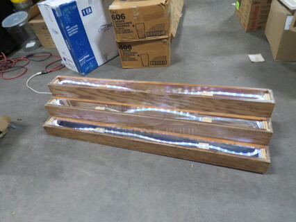 One Wooden Lighted 3 Tier Bottle Display. 54.5X13X12