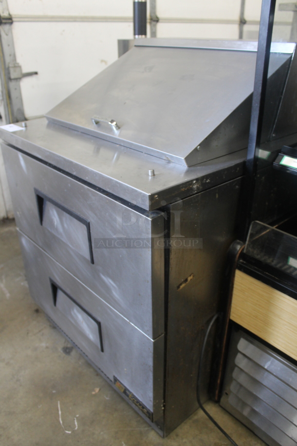 2013 True TFP-32-12M-D-2 Stainless Steel Commercial Sandwich Salad Prep Table Bain Marie Mega Top w/ 2 Drawers and Drop In Bins on Commercial Casters. 115 Volts, 1 Phase. Tested and Powers On But Does Not Get Cold - Image 3 of 7