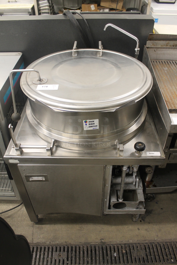 Nat'l BD Commercial Stainless Steel Steam Powered 40 Gallon Tilting Steam Kettle On Cabinet Base With Galvanized Legs.