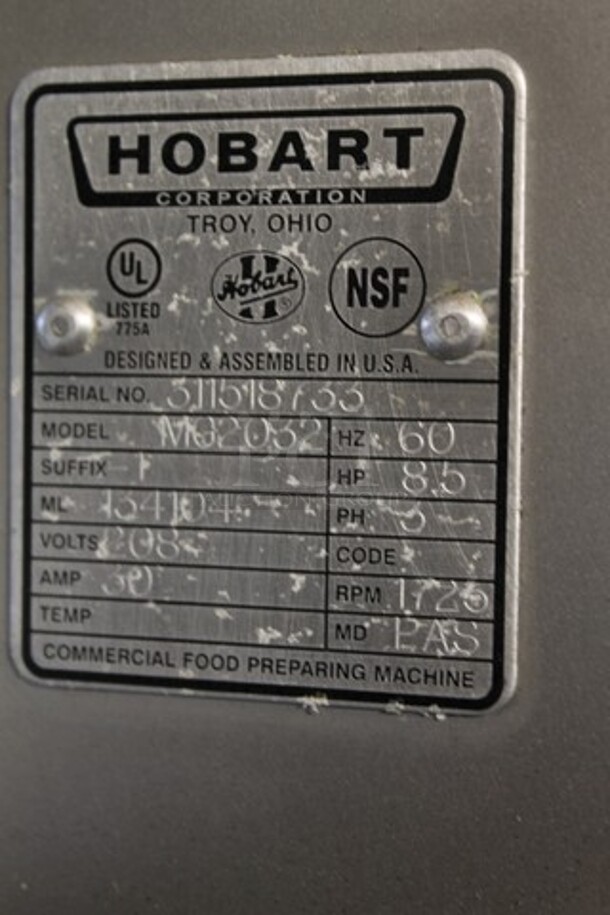 2016 Hobart MG2032 Metal Commercial Floor Style Electric Powered Meat Mixer Grinder w/ Foot Pedal on Commercial Casters. 208 Volts, 3 Phase. - Image 5 of 5