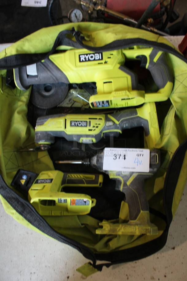 4 Ryobi Battery Powered Tools; P235AVN Impact Driver, P343VN Multi Tool, P519VN in Ryobi Bag. 4 Times Your Bid!