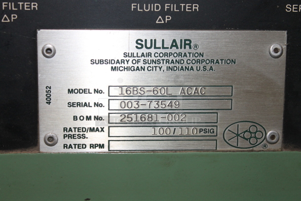 Sullair 16BS-60L ACAC Green Metal Floor Style Air Compressor. BUYER MUST REMOVE. - Image 7 of 8