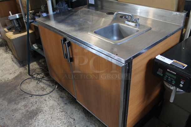 Duke Stainless Steel Commercial Counter w/ Sink Basin, Faucet, Handle, Back Splash and 2 Wood Pattern Doors. - Image 4 of 6