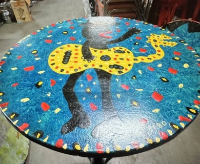One 30X30X42 Abstract Round Painted  Table Top On A Bar Height Pedestal Base. 