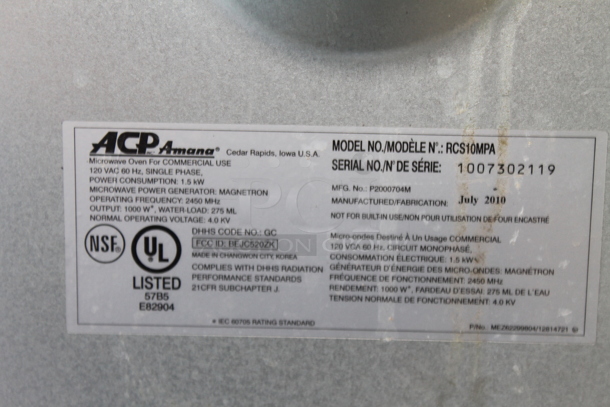 2010 Amana RCS10MPA Stainless Steel Commercial Countertop Microwave Oven. 120 Volts, 1 Phase.  - Image 8 of 8