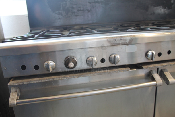 Imperial Stainless Steel Commercial Natural Gas Powered 10 Burner Range w/ 2 Ovens, Over Shelf and Back Splash on Commercial Casters. - Image 4 of 12