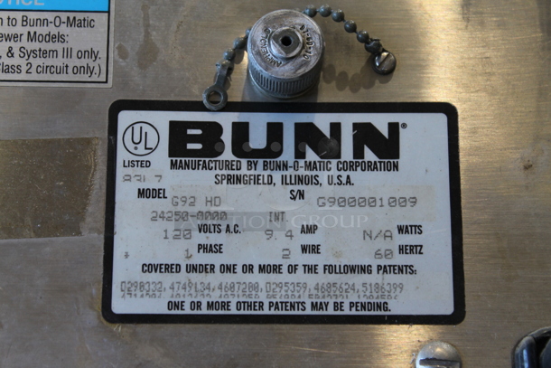Bunn G92 HD Stainless Steel Commercial Countertop Coffee Bean Grinder. 120 Volts, 1 Phase. Tested and Powers On, Left Side Is Working But Right Side Parts Do Not Move - Image 8 of 8
