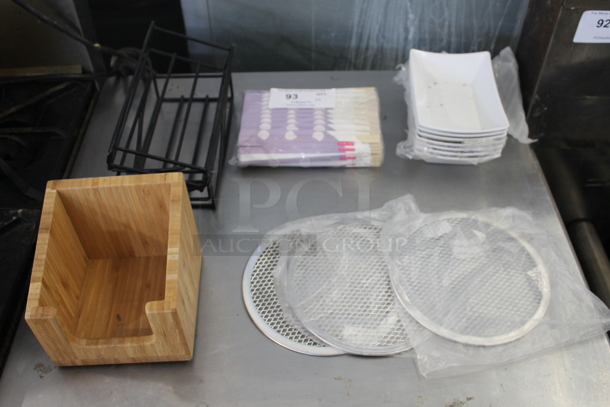 ALL ONE MONEY! Lot of Various Items Including Metal Mesh Round Pizza Baking Sheets and Wood Bin - Image 1 of 5