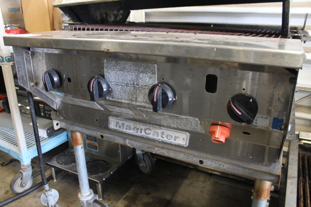 MagiCater Stainless Steel Commercial Floor Style Propane Gas Powered Charbroiler Grill w/ Rolling Lid on Commercial Casters.  - Image 4 of 5