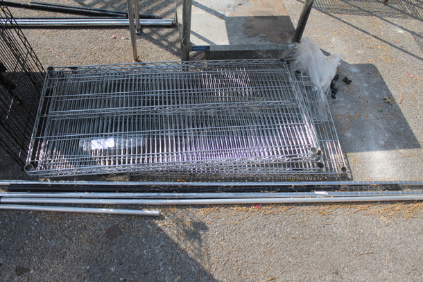 ALL ONE MONEY! Lot of 4 Chrome Finish Wire Shelves and 4 Chrome Finish Poles. Includes 48x24x1.5
