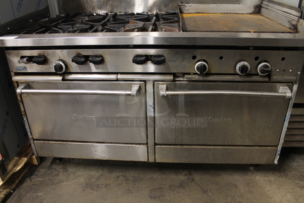 Garland X60-6G24RR Stainless Steel Commercial Natural Gas Powered 6 Burner Range w/ Flat Top Griddle, 2 Ovens, Over Shelf and Back Splash. - Image 3 of 9
