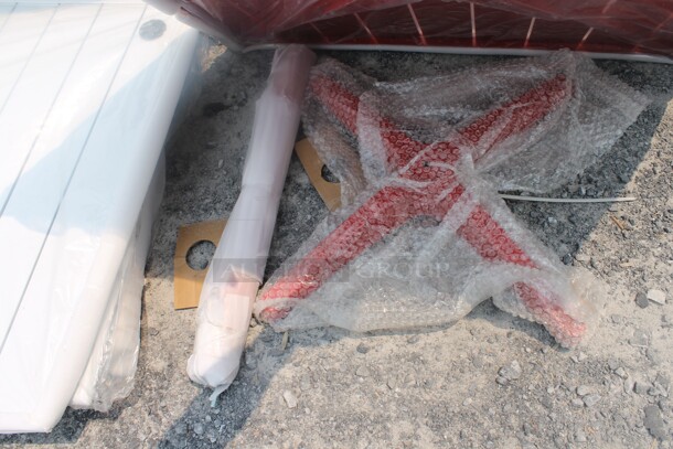 6 Outdoor Synthetic Teak Style Table Tops In White, Red, Gray, Blue With X-Shape Table Base. 6 Times Your Bid!  - Image 3 of 11