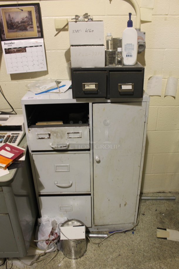 ALL ONE MONEY! Lot of Gray Cabinet w/ Contents Including Metal Filing Bin. BUYER MUST REMOVE. - Image 1 of 4