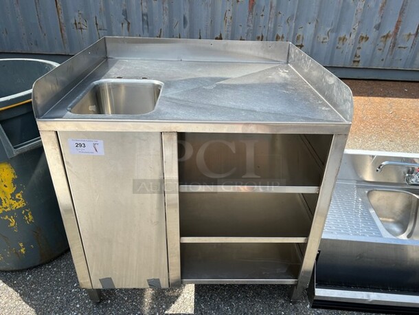 Stainless Steel Commercial Counter w/ Bay, Back and Side Splash and Under Shelves. 36x32x38. Bay 10x14x9