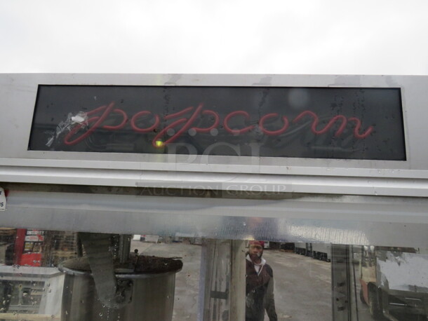 One Popcorn Machine With 2 Door Under Storage And Neon Popcorn Sign. Working When Removed. 36X28X74.5. NO SHIPPING - Image 3 of 3