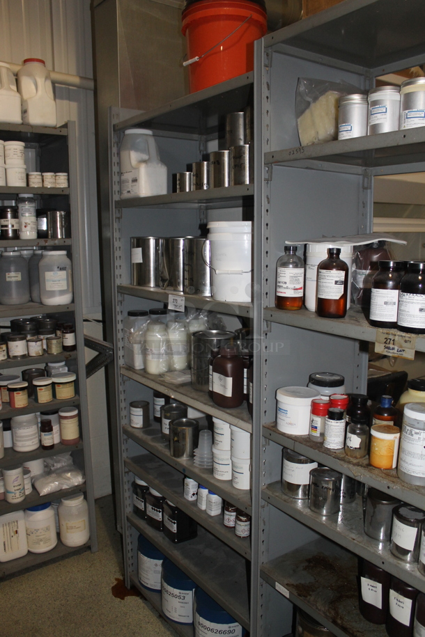 Gray Metal Shelving Unit w/ Contents Including Chemicals. BUYER MUST REMOVE. - Image 1 of 9