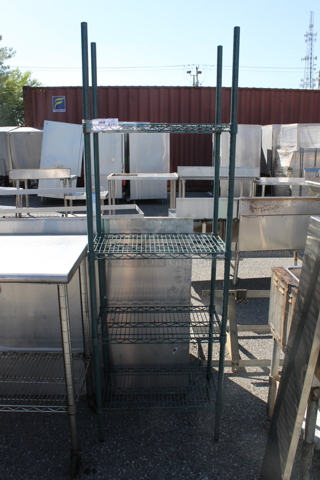 Green Finish 4 Tier Wire Shelving Unit. BUYER MUST DISMANTLE. PCI CANNOT DISMANTLE FOR SHIPPING. PLEASE CONSIDER FREIGHT CHARGES.
 