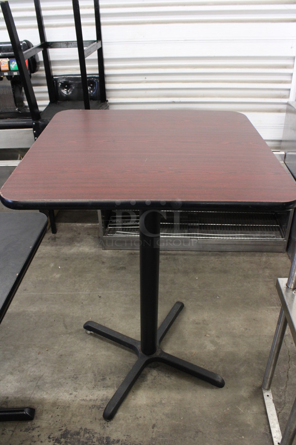 Wood Pattern Tabletop on Bar Height Black Metal Table Base. Stock Picture - Cosmetic Condition May Vary. 30x30x42