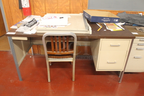 Tan Metal Desk w/ Wood Pattern Desktop, Contents and Chair.