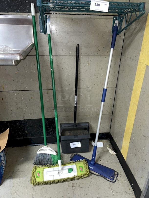 Broom, Dust Pan and Dry Mops. 4x Your Bid - Image 1 of 1