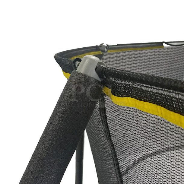 JumpKing 7.5-Foot Trampoline, with Enclosure, Black/Yellow. Jump King 7.5ft Trampoline & Enclosure System:

Enlarged door for easy entry
Patented over-under springs arrangements provide a better bounce
Unique shape and size for Indoor & Outdoor use
Can be enjoyed by either an adult or a child
User max weight: 180 lbs.
Heavy duty netting for added safety
Meets ASTM requirements                                      7-1/2ft w x 7-1/2ft d x 6.2ft h  - Image 7 of 11