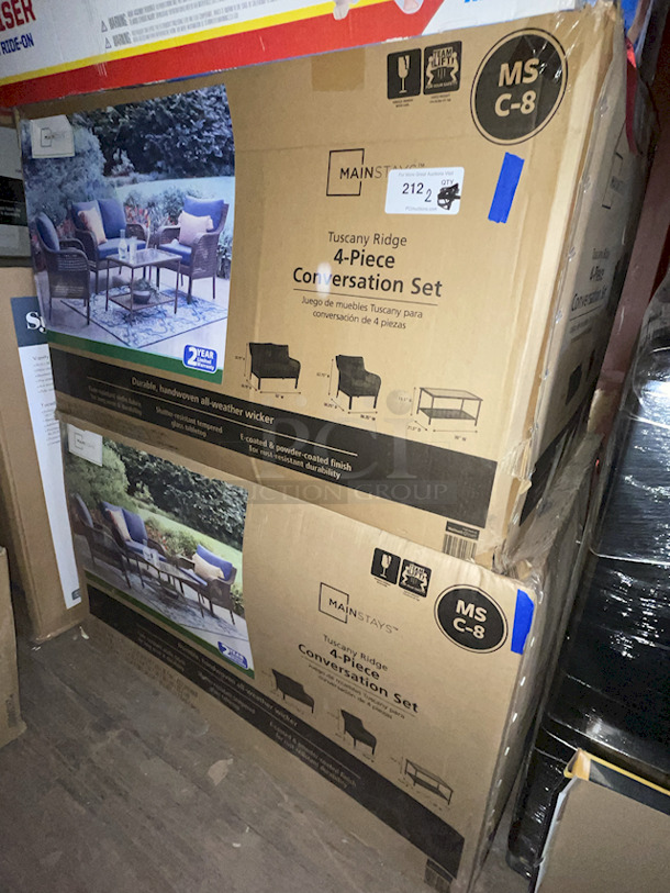 Mainstays Tuscany Ridge Outdoor 4 Piece Wicker Conversation Set, Blue. 4-piece patio furniture set includes a cushioned loveseat, two chairs, and a coffee table. Each chair measures 30.75"D x 30.75"W x 32.75"H; Loveseat measures 52"W x 30.75"D x 32.75" H; Coffee table measures 21.5"W x 38"D x 19.5"H. 2x Your Bid - Image 8 of 8