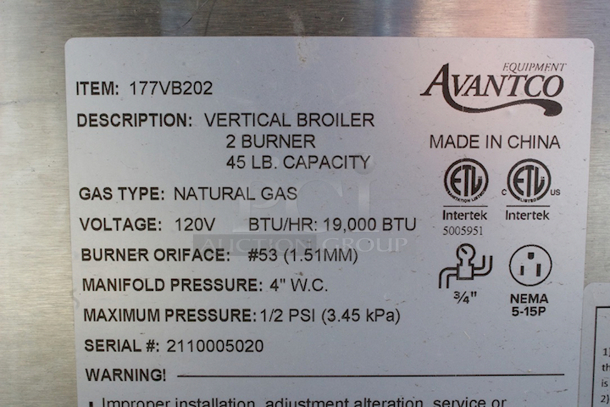 BRAND NEW SCRATCH & DENT! Avantco VB202 Gas Vertical Broiler - 45 lb. Capacity, 19,000 BTU - Image 6 of 7