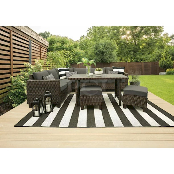 IN THE BOX! Better Homes & Gardens Brookbury 5-Piece Patio Wicker Sectional Set. Includes: (2) cushioned sofas, (2) cushioned ottomans, and (1) conversation/dining table  - Image 1 of 12