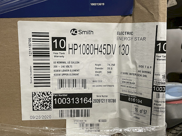 NEW / NEVER USED!! [3] A.O. Smith Signature 900 Premier – Model: HP10-80H45DV – 80-Gallon 10-YEAR HYBRID HIGH EFFICIENCY ELECTRIC HEAT PUMP WATER HEATER – Ideal Hot Water Delivery For Households W/ 5+ People, 208-240v, (2) Back-Up 4500-Watt Copper Heating Elements, Delivers 82 Gallons In 1st Hour. 27” x 69”. 3x Your Bid  - Image 3 of 3