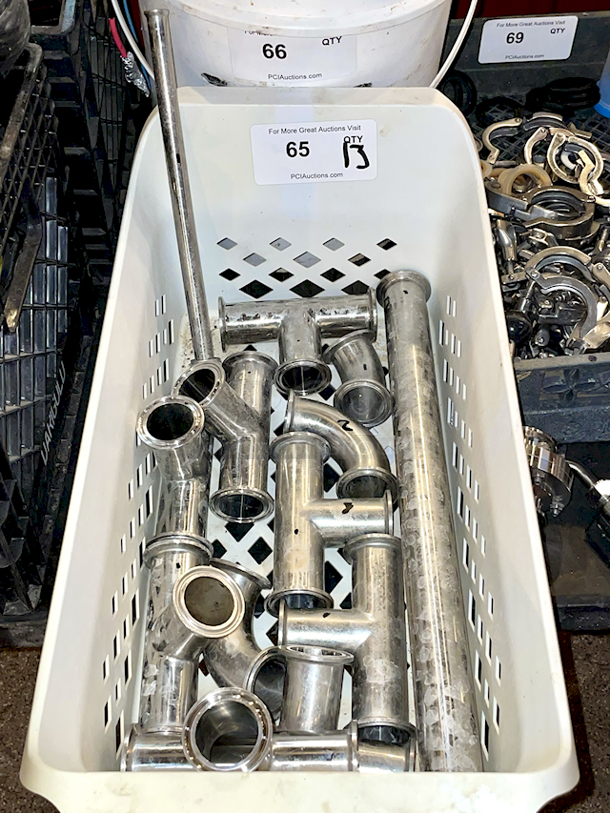 SWEET LOT OF Tri-Clamp Fittings: 8 – T Fittings, 2 – 90* Fittings, (1) Elbow, (1) Long Straight Fitting, 1 – Straight Pipe With 90 & Hex Nuts. 13x Your Bid