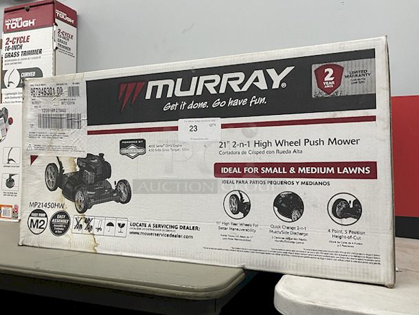 IN THE BOX! Murray MP21450HW 21” 2-n-1 High Wheel Push Mower. 11” High rear Wheels. Quick Change 2-n-1 Mulch/Side Discharge. 4 Point, 5 Position Height Of Cut. 