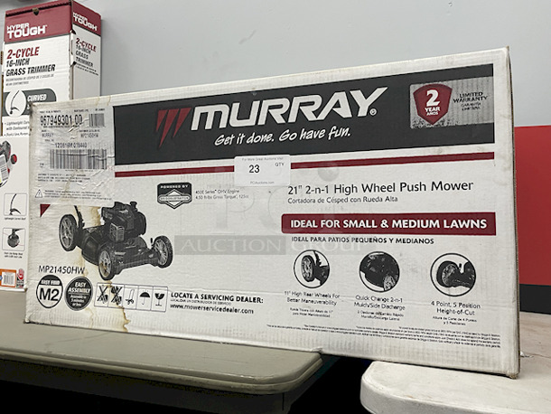 IN THE BOX! Murray MP21450HW 21” 2-n-1 High Wheel Push Mower. 11” High rear Wheels. Quick Change 2-n-1 Mulch/Side Discharge. 4 Point, 5 Position Height Of Cut.  - Image 1 of 3