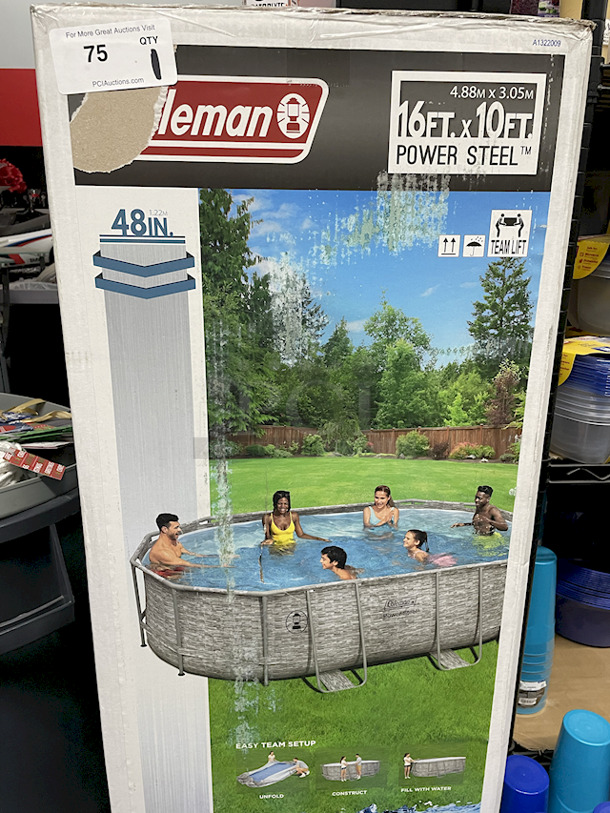 Coleman 16ft x 10ft Power Steel Pool Set. Set Contains: 1 pool, 1 Filter Pump (compatible with Type III cartridge), 1 Ladder. 16ft x 10ft x 48in. 