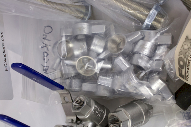 NEW-NEVER USED Box Of Kegerator & Brewery Hardware: (6) Foxx Equipment Co 12BO3116 ABECO 5/8" BSP Beer Thread” ¼” x 8-1/2” Chrome Plated Brass Shanks, (4) Hex “Beer” Nuts - 29/32"-14 Beer Thread, (4) Taps, (10) Tap Brushes, (3) Krome Dispense C184 Standard Faucet Plastic Knob W/ Brass Insert, GreenLeaf CBSHM5160BG1 5/16” Nylon  Hose Barb x 5/16 Hose Barb - Image 3 of 10