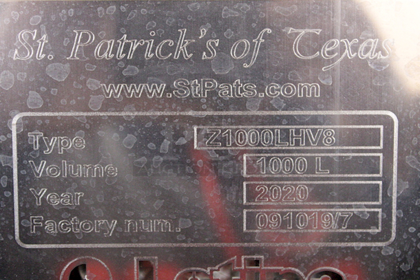 NEW-NEVER USED St. Patricks Of Texas Letina Z1000LHV8 1000 Liter (8.5 BBL) Jacketed Fermenter, Conical Bottom With Floating Man Way, (2) 1-1/2" Butterfly Valve Setup (1 At Bottom, 1 at Racking) and Sample Tap, Extra 2" TC port In Top Hatch, For Use Of Optional Spray Ball  - Image 2 of 2