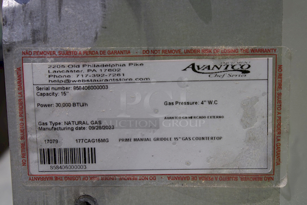 BRAND NEW SCRATCH & DENT! Avantco Chef Series CAG-15-MG 15" Countertop Gas Griddle with Manual Controls - 30,000 BTU - Image 7 of 9