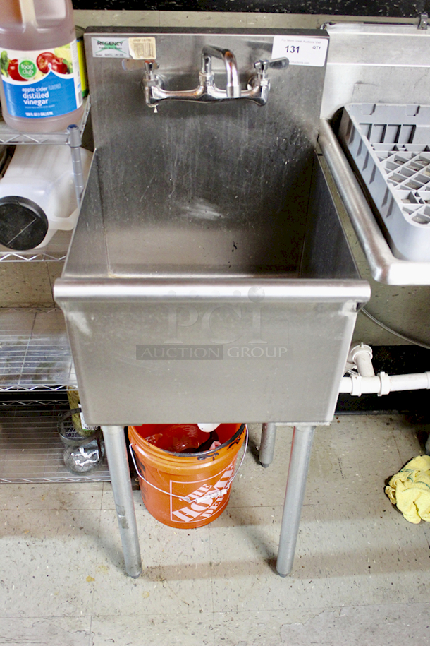 OUTSTANDING!! Regency 600S11818B 18" 16-Gauge Stainless Steel One Compartment Commercial Utility Sink + Faucet - 18" x 18" x 13" Bowl - 18" x 21-1/2" x 41" Bowl   - Image 2 of 3