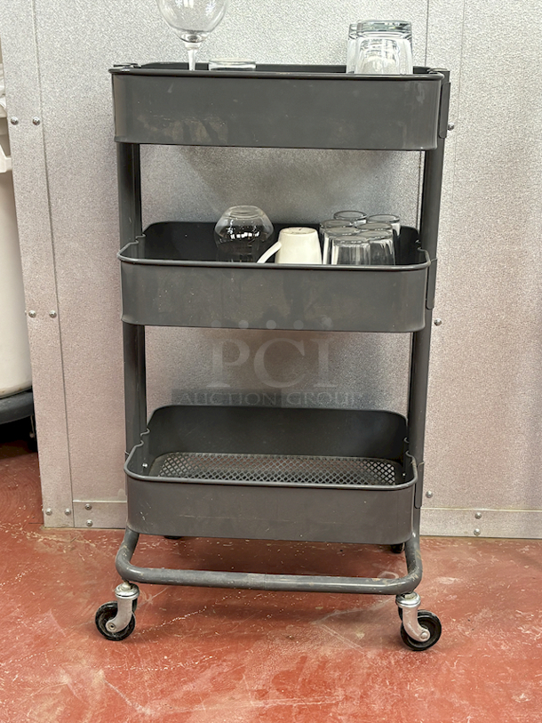 NICE!! 3 Shelf Rolling Cart Perfect For Glass Transport. Includes Glasses. - Image 1 of 7