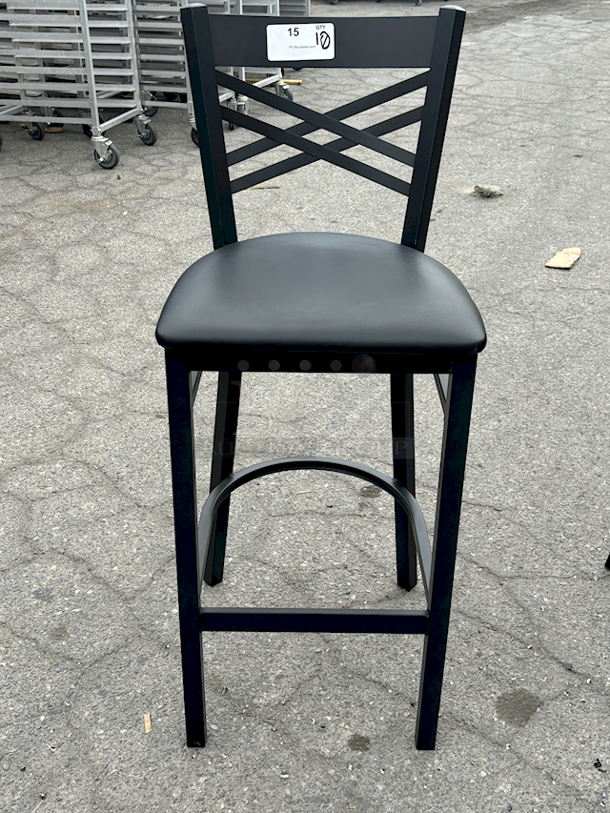 BRAND NEW SCRATCH & DENT! Lancaster Table & Seating (10) Black Finish Cross Back & (1) Distressed Copper Finish Ladder Back Bar Stools with 2 1/2" Navy Vinyl Padded Seat. 11x Your Bid  - Image 6 of 12