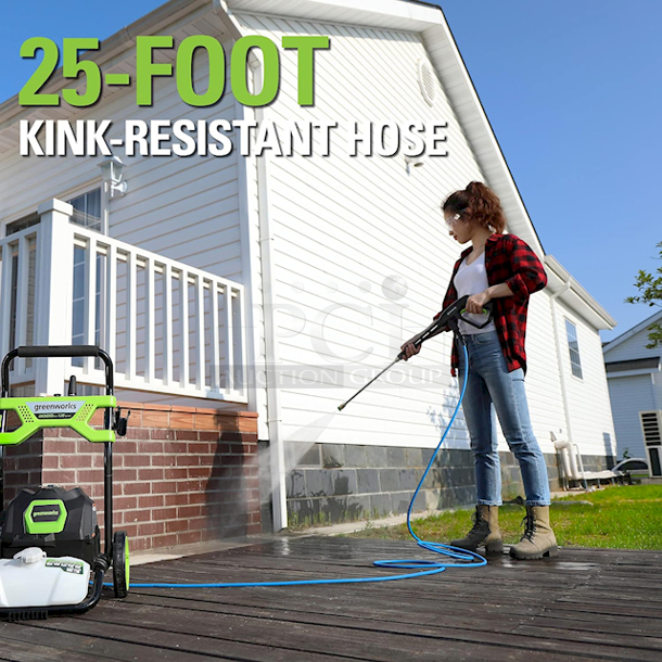 NEW IN THE BOX!! Greenworks 2000PSI Electric Pressure Washer. For Use With Wood, Masonry and Automotive. Includes: Pressure washer, Handle assembly, Soap tank, Trigger handle, Wand assembly, 25' High pressure hose, Hook & loop hose wrap, 25°
Tip, 40° Tip, Soap tip, Turbo nozzle, Tip cleaner, Operator's manual and Quick start guide - Image 11 of 12
