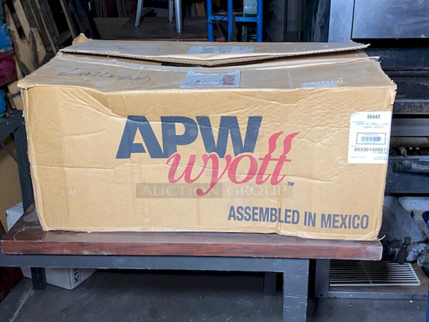 PALLET FULL! Includes: BRAND NEW, NEVER USED APW Wyott HFW-1D, Hot Well, 120v, Commercial Swamp Cooler, Missing the Motor and Once Side Cover, Sliding Full Size Pan Lids, Chaffers, Chicken Wire, Ceiling Menu Board Mount, Mini-Refrigerator.  - Image 2 of 10