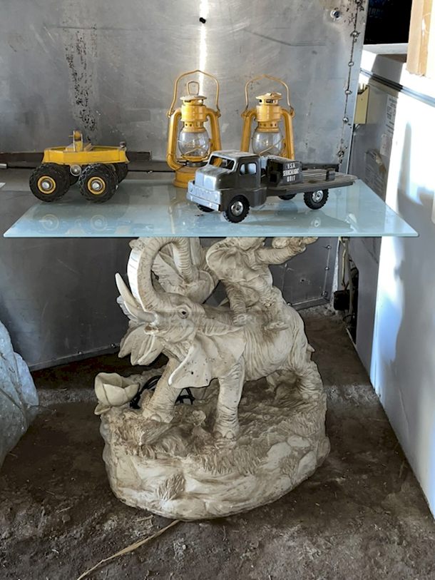 AWESOME! 3 Elephant Base Tables With Glass Tops With Vintage Cars and Lanterns. 3x Your Bid - Image 3 of 6