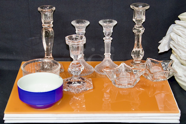 OUTSTANDING!! 52 Piece Glass and Ceramic Serving Set. (4) Orange Glass Patters, (5) Glass Candle Holders, (13) Hall China by Steelite International HL4340ABWA 12 oz. Round Bright White China Au Gratin / Shirred Egg Dish, (2) Glass Serving Dishes, (1) Oval Glass Serving Dish, (2) Ceramic Bowls, (2) Glass Star Candle Holders, (8) Vintage Glass Leaf Dishes - Image 8 of 12
