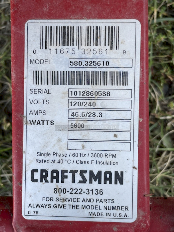 Craftsman 5600 Watt (8600 Watt Starting) A/C Generator. 120 Volt AC, 20 Amp, Single Phase, 60 Hz Electrical Power, suitable for lighting, appliances, tools, and motor loads. It also has a 120/240 Volt AC, 30 Amp locking receptacle for operation of 120 and/or 240 Volt AC, 30 Amp, Single Phase, 60 Hz Electrical loads. - Image 6 of 7