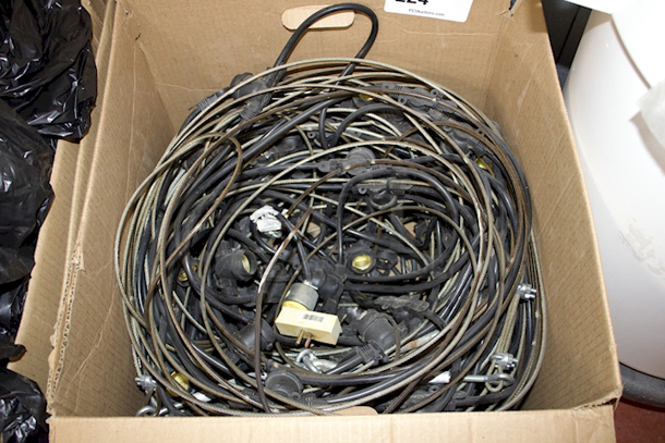 Box Of Outdoor/Indoor Bistroy Light Fixtures With Heavy Duty Braided Steel Cable For Hanging and Hardware.  - Image 1 of 3