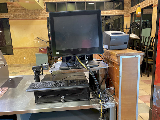 COMPLETE! Hewlett Packard Point of Sale System in Perfect Working Order. Includes: Monitor, Keyboard, Printer, Cashbox With Key, Speakers, Card Processor and All Wires Included. 